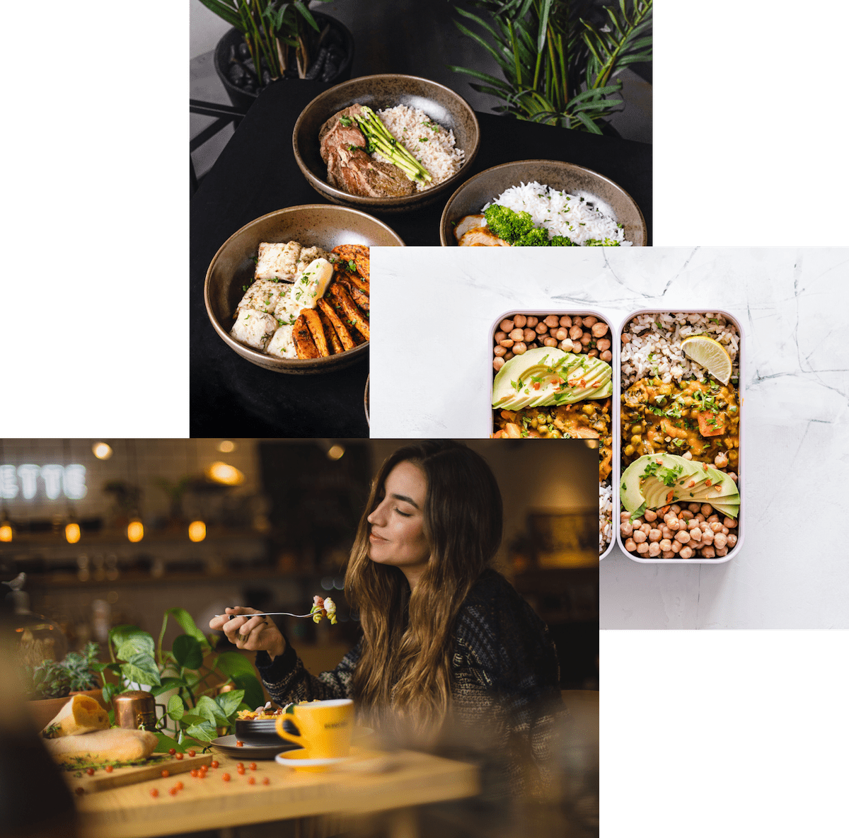 a woman enjoying food, meals in storage container, and food bowls on table